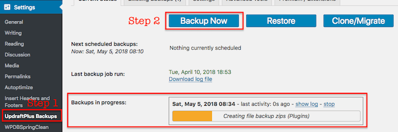 Backup WordPress site - Updraftplus