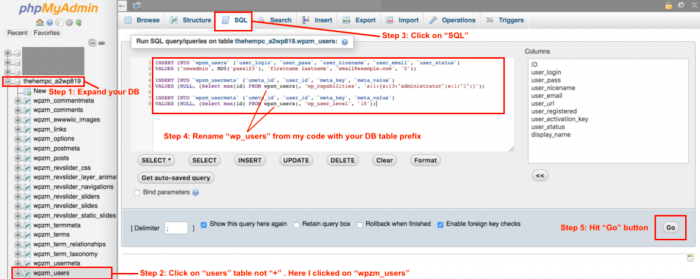 Create Admin User - 5 Steps in WordPress via phpMyAdmin