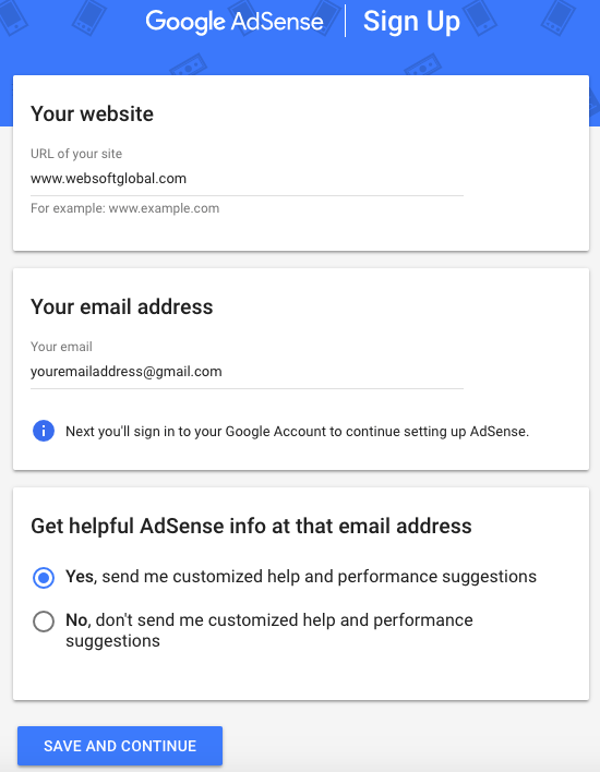 Google Adsense signup form