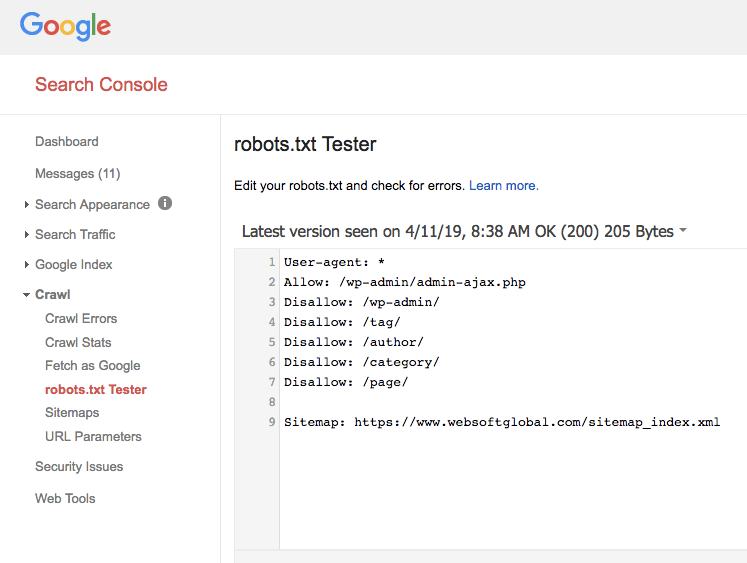 google webmasters tool robots.txt check
